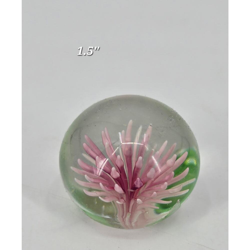 Vintage Hand-Blown Glass Paperweight – Pink Flower Art Glass – MCM Floral Orb